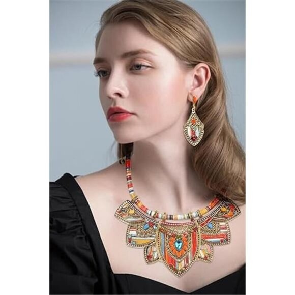 Gold Bohemian Jewelry Sets for Women Boho Tribal Retro Statement Choker Necklace - Picture 4 of 7